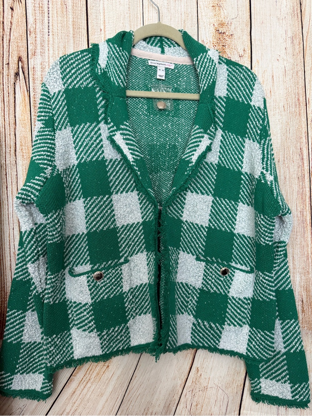 Isaac Mizrahi Green and White Gingham Collar Cardigan